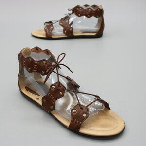 Frye Ladies 9 Laney Lace Brown Leather Open-toe Flat Slingback Gladiator Sandals
